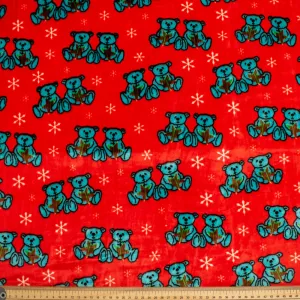 Printed Microfleece Ultra Wide 180cm Design-5 Christmas Blue Bear & Snow on Red