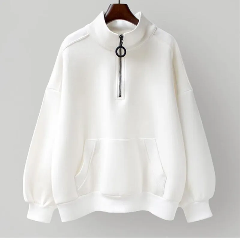 Pullover Women Sweatshirt  Fall Casual Black Fashion Zipper Loose Long Sleeve Harajuku White Ladies Solid White Thin Coats