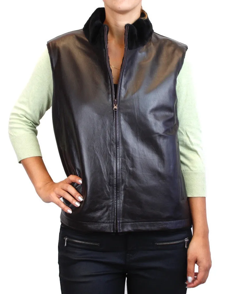 REVERSIBLE DARK BROWN SHEARED MINK FUR & LAMB LEATHER VEST