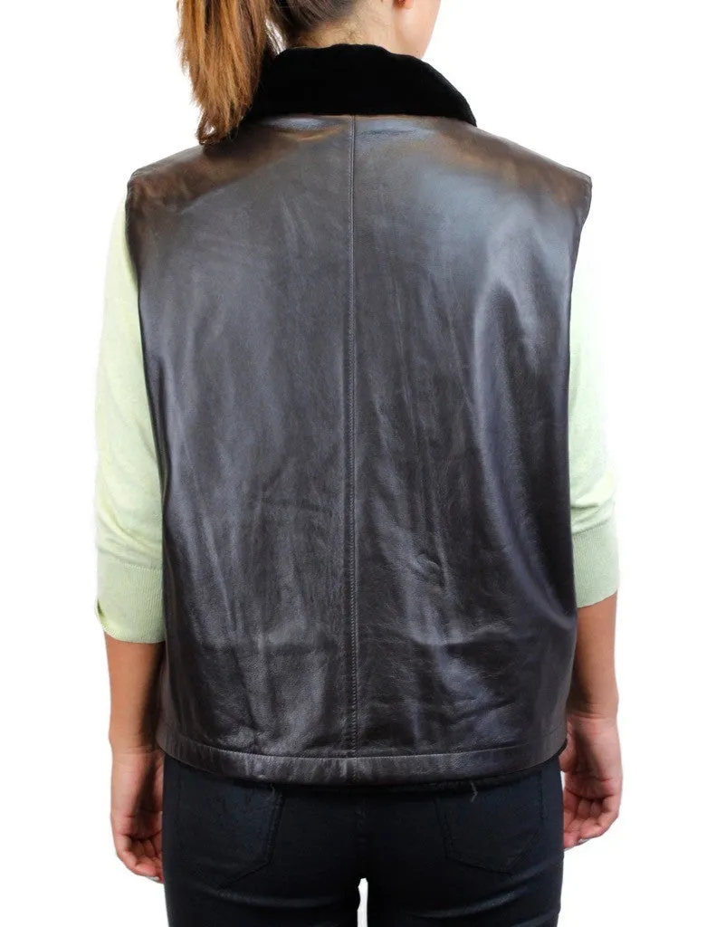 REVERSIBLE DARK BROWN SHEARED MINK FUR & LAMB LEATHER VEST