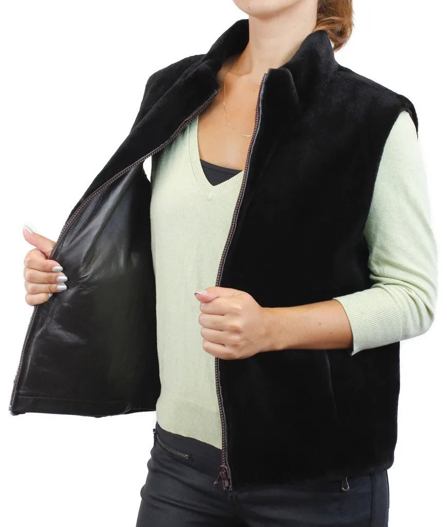 REVERSIBLE DARK BROWN SHEARED MINK FUR & LAMB LEATHER VEST