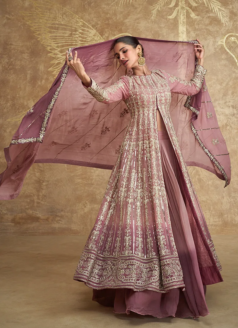 Rose Pink Ombré Embroidered Slit Style Anarkali Lehenga