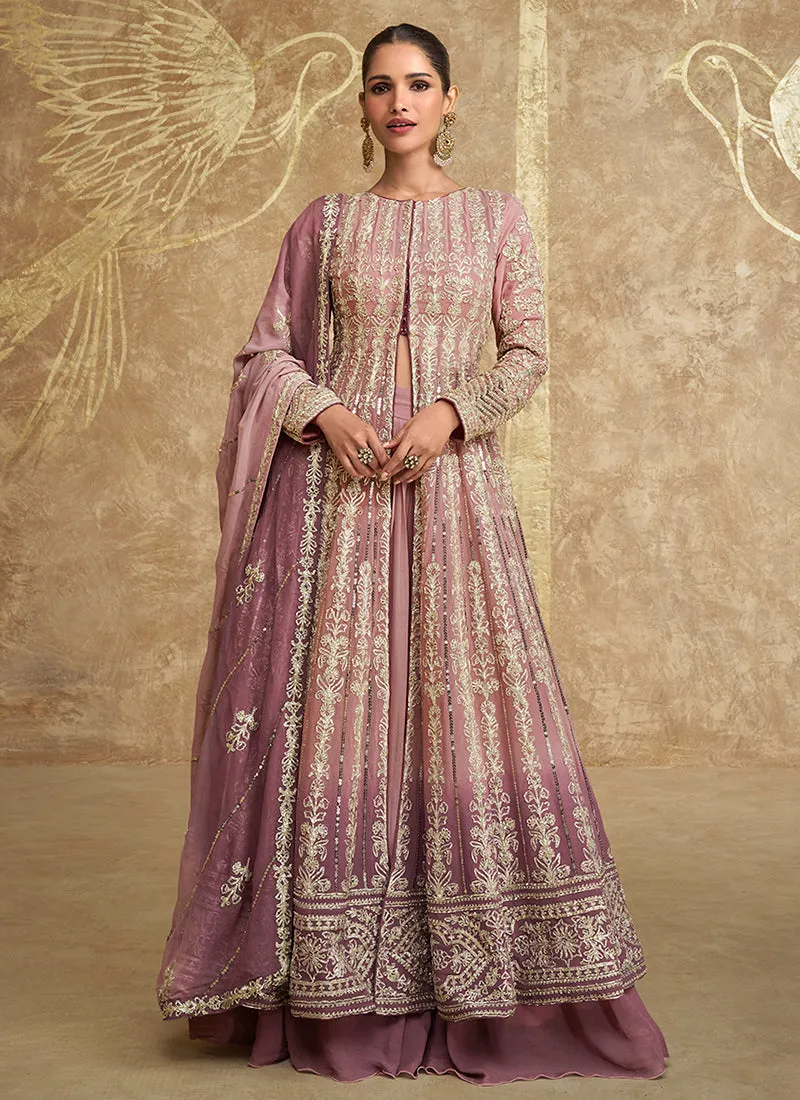 Rose Pink Ombré Embroidered Slit Style Anarkali Lehenga