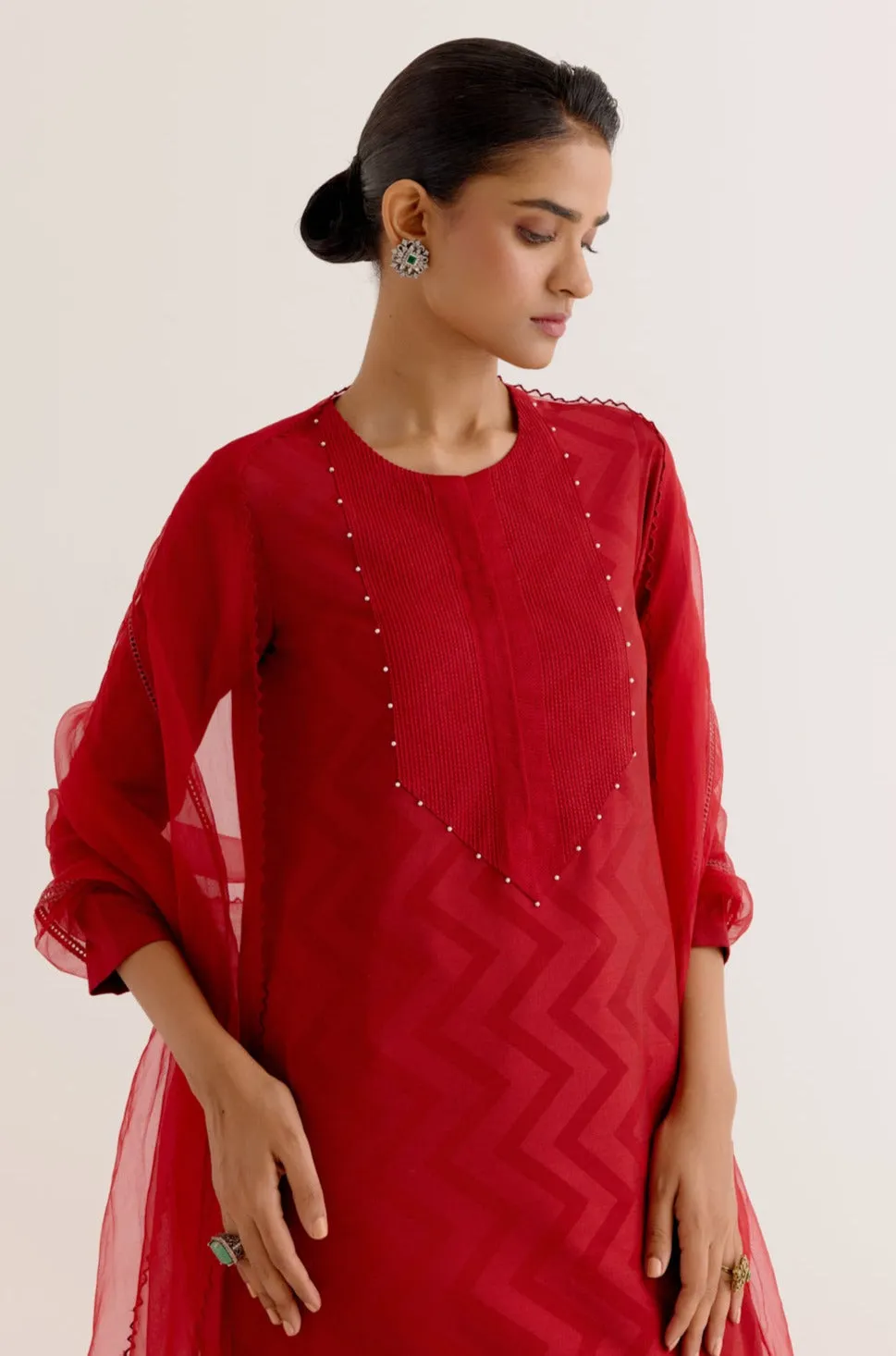 Ruby Red Cotton Silk Blend Block Printed Kurta Set