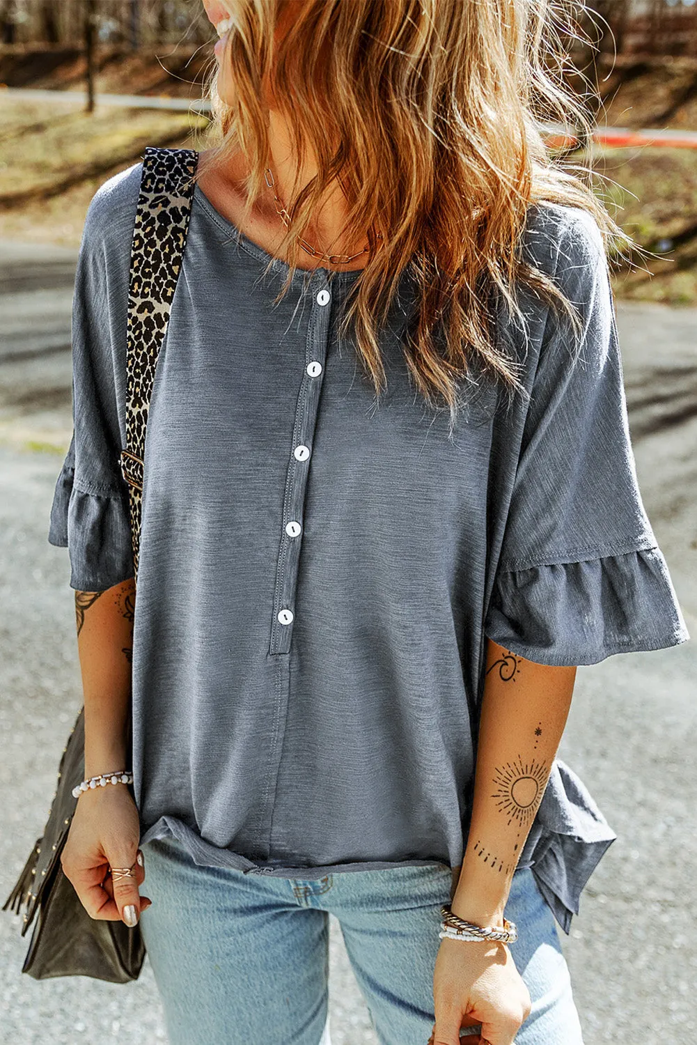 Ruffle Short Sleeve Buttoned T-Shirt