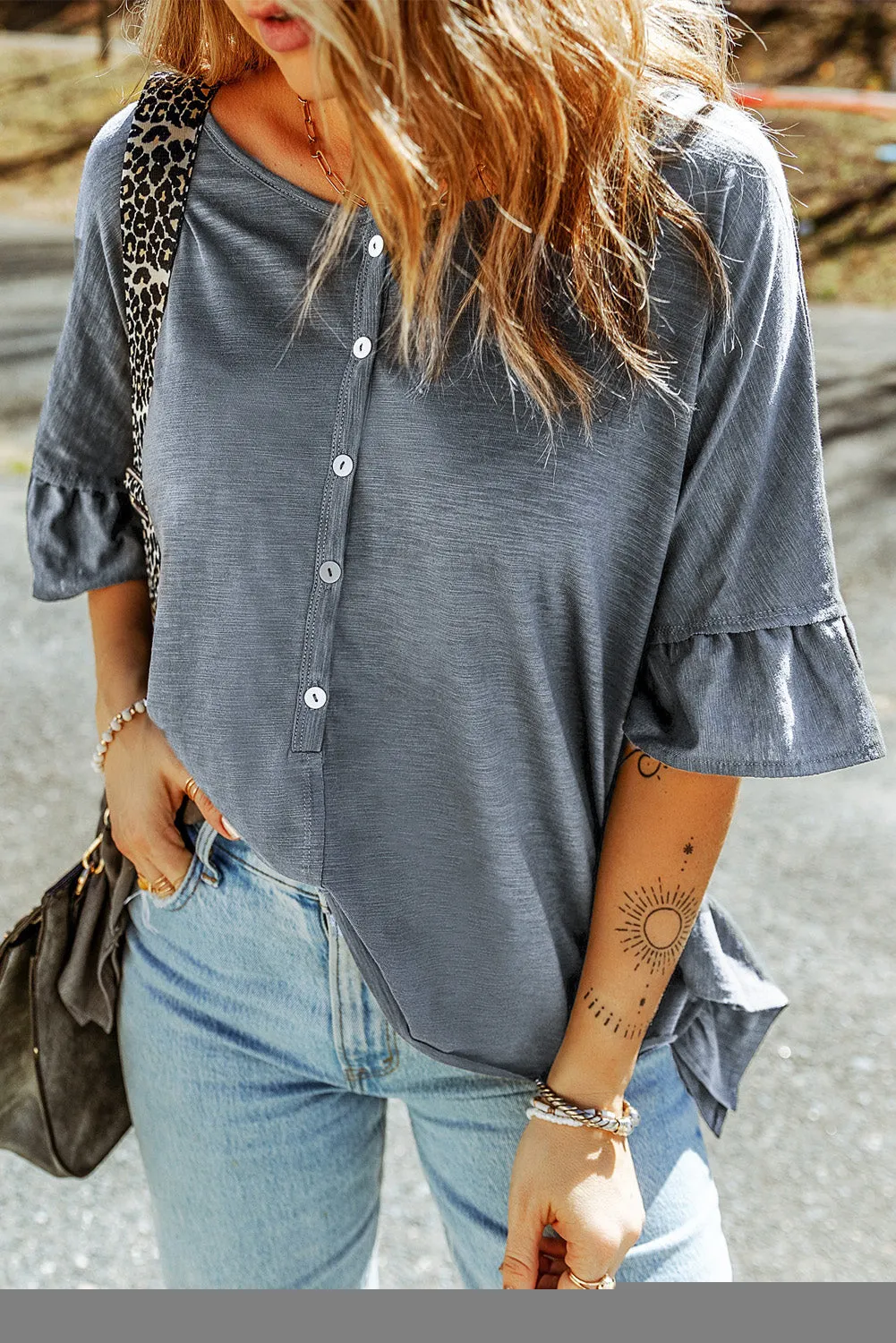 Ruffle Short Sleeve Buttoned T-Shirt