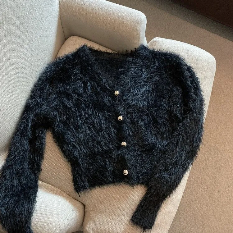 Sexy V Neck Women Knitted Cardigan Winter Hairy Korean Slim Ladies Sweater Soft Fashion Black Button Up Female Short Coats