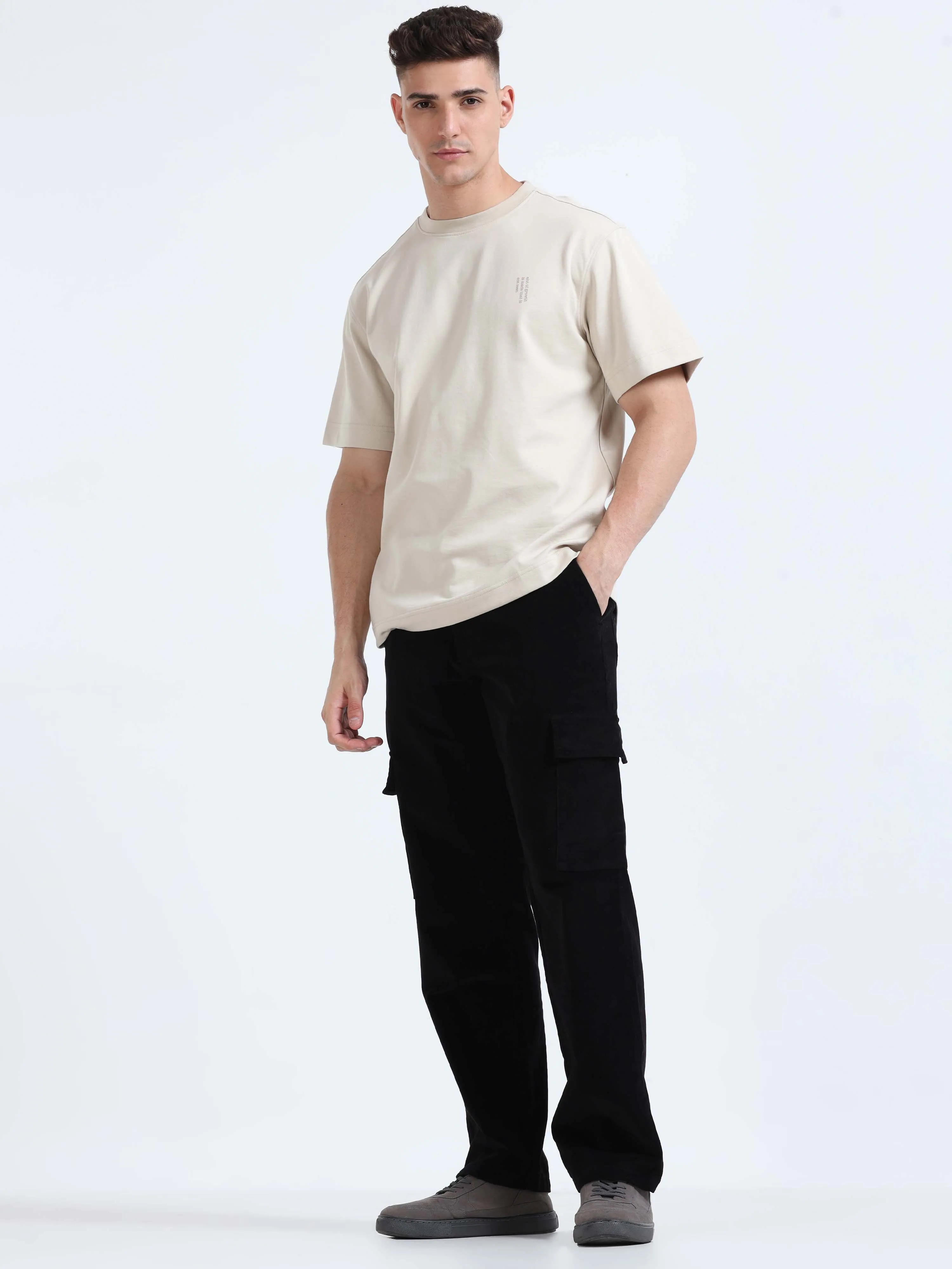 Soft Corduroy Black Relaxed Cargo Pant