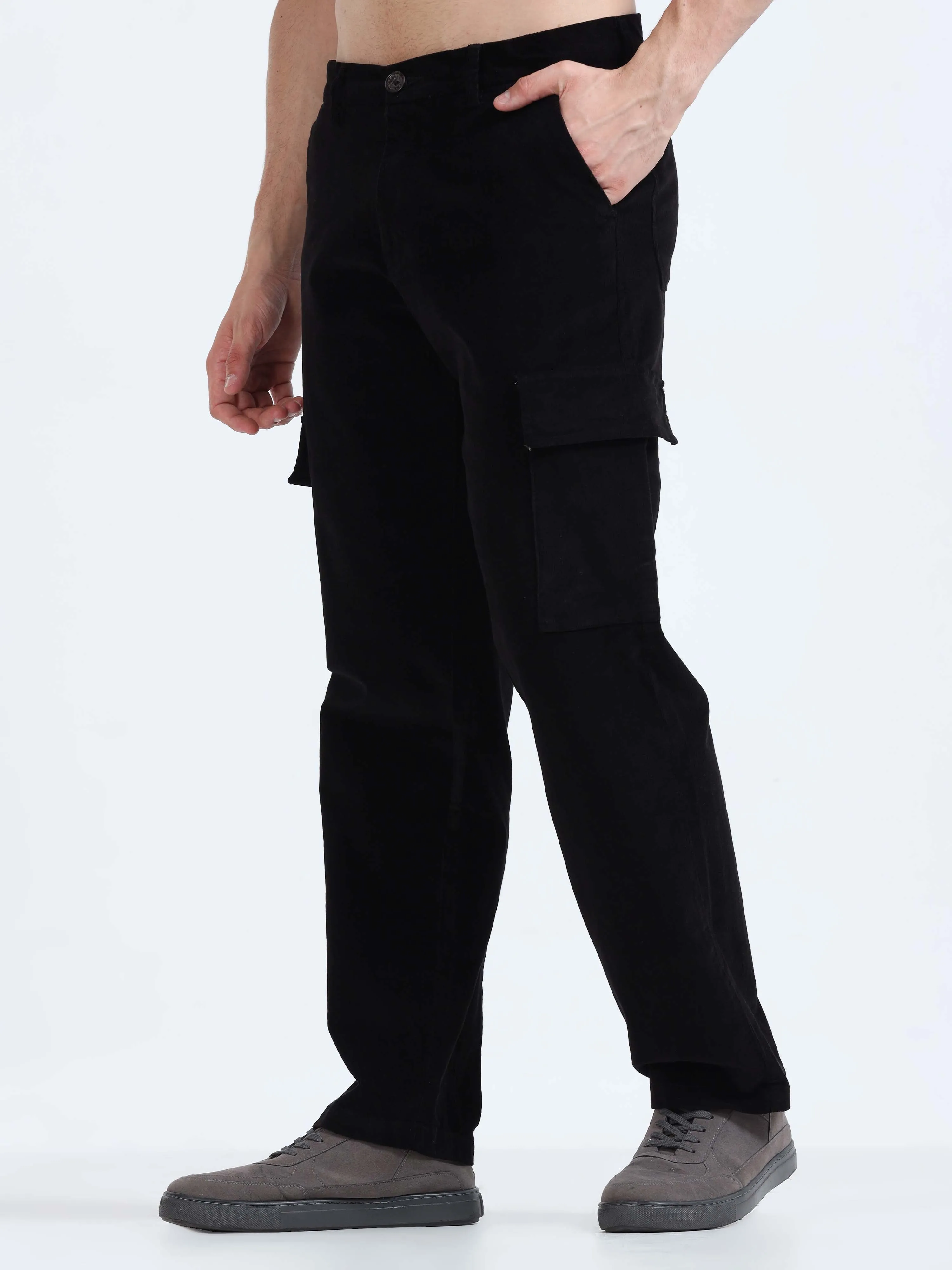 Soft Corduroy Black Relaxed Cargo Pant