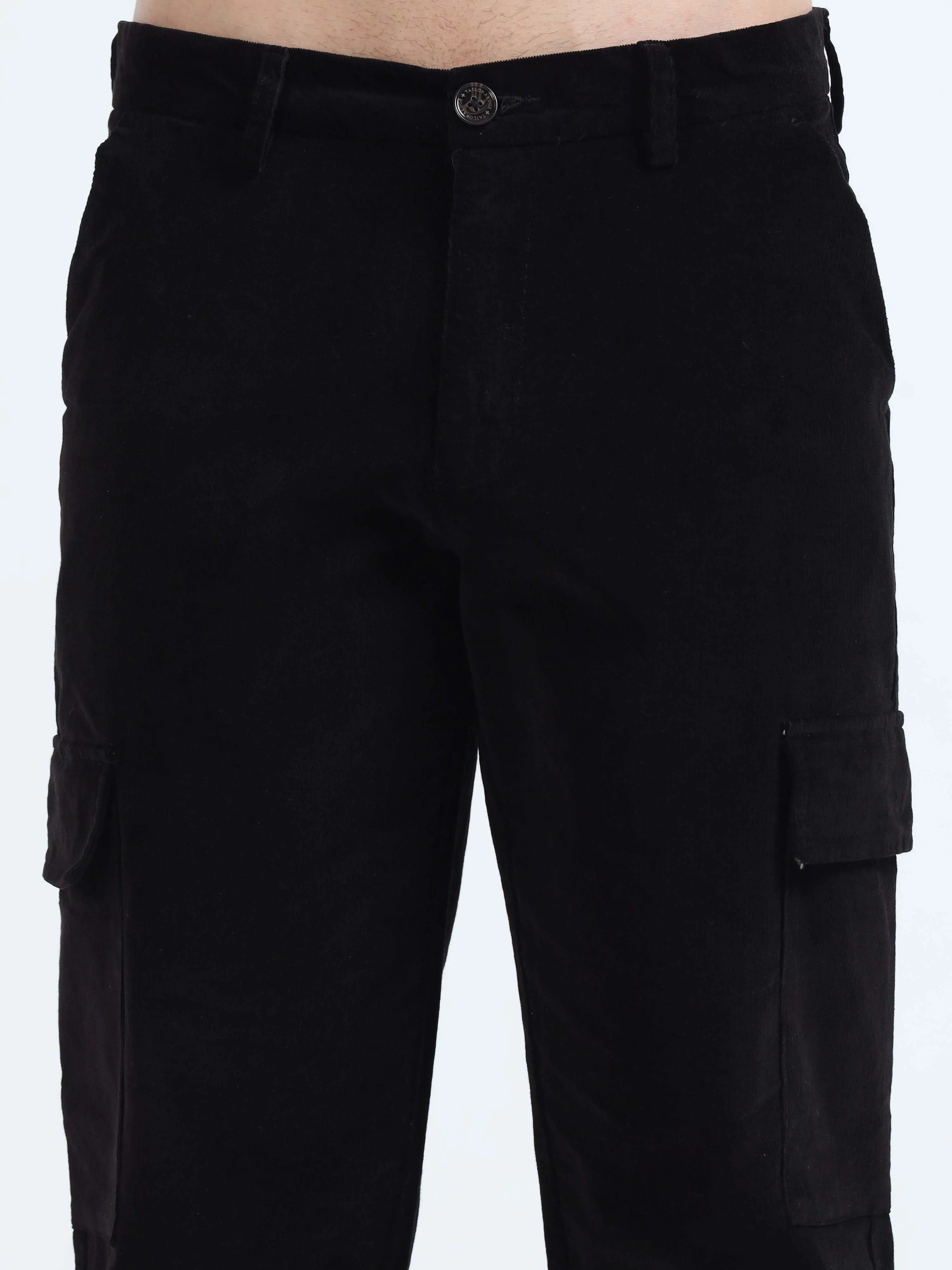 Soft Corduroy Black Relaxed Cargo Pant