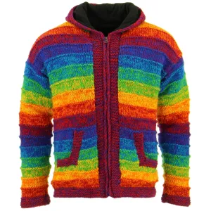 Space Dye Chunky Wool Knit Ribbed Hooded Cardigan Jacket - Rainbow