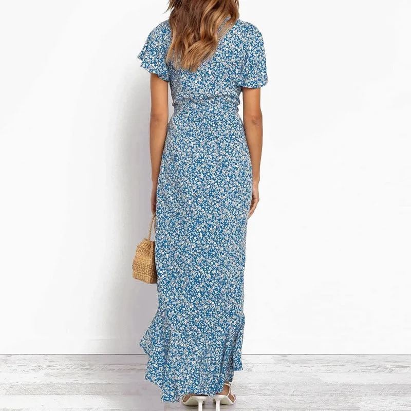 Summer Long Maxi Casual Boho Floral Print Beach V-Neck Ruffle Bodycon Wrap High Slit Party Dress