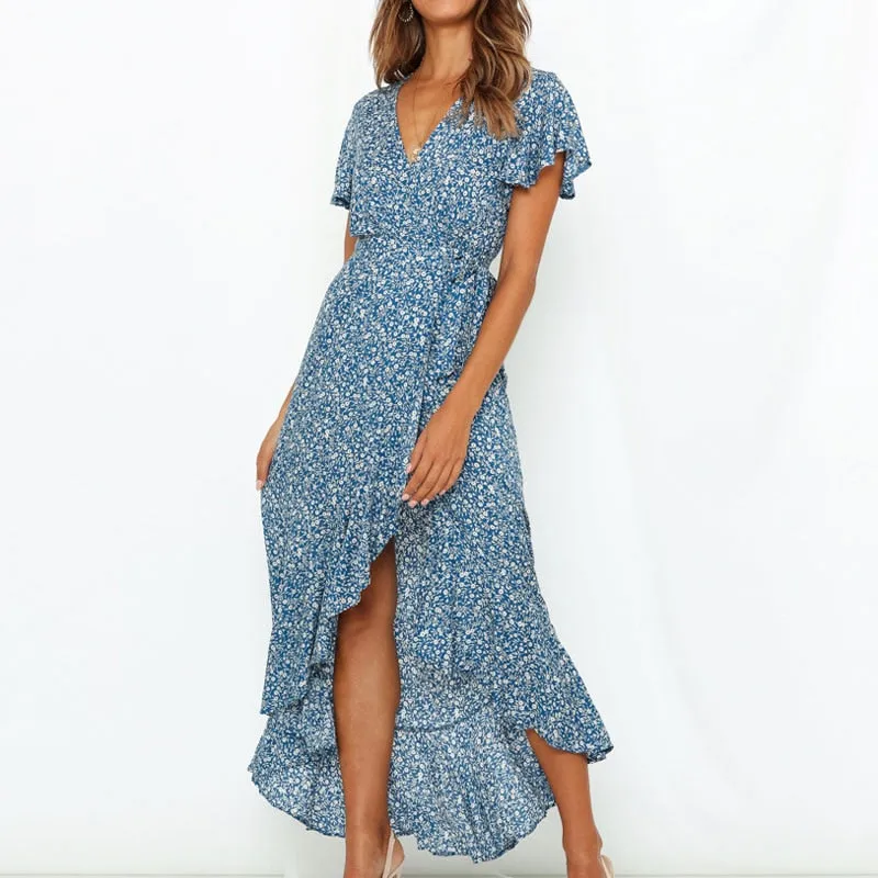 Summer Long Maxi Casual Boho Floral Print Beach V-Neck Ruffle Bodycon Wrap High Slit Party Dress