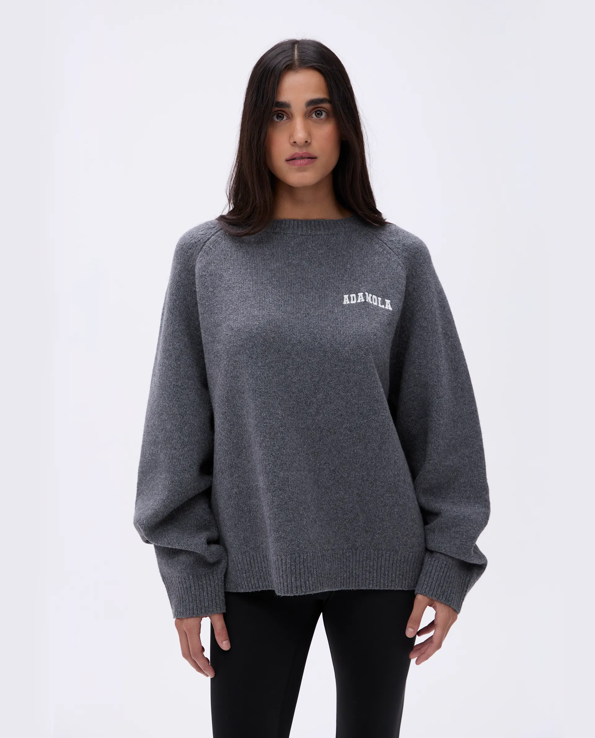 Varsity Oversized Knit Sweatshirt - Dark Grey/Cream