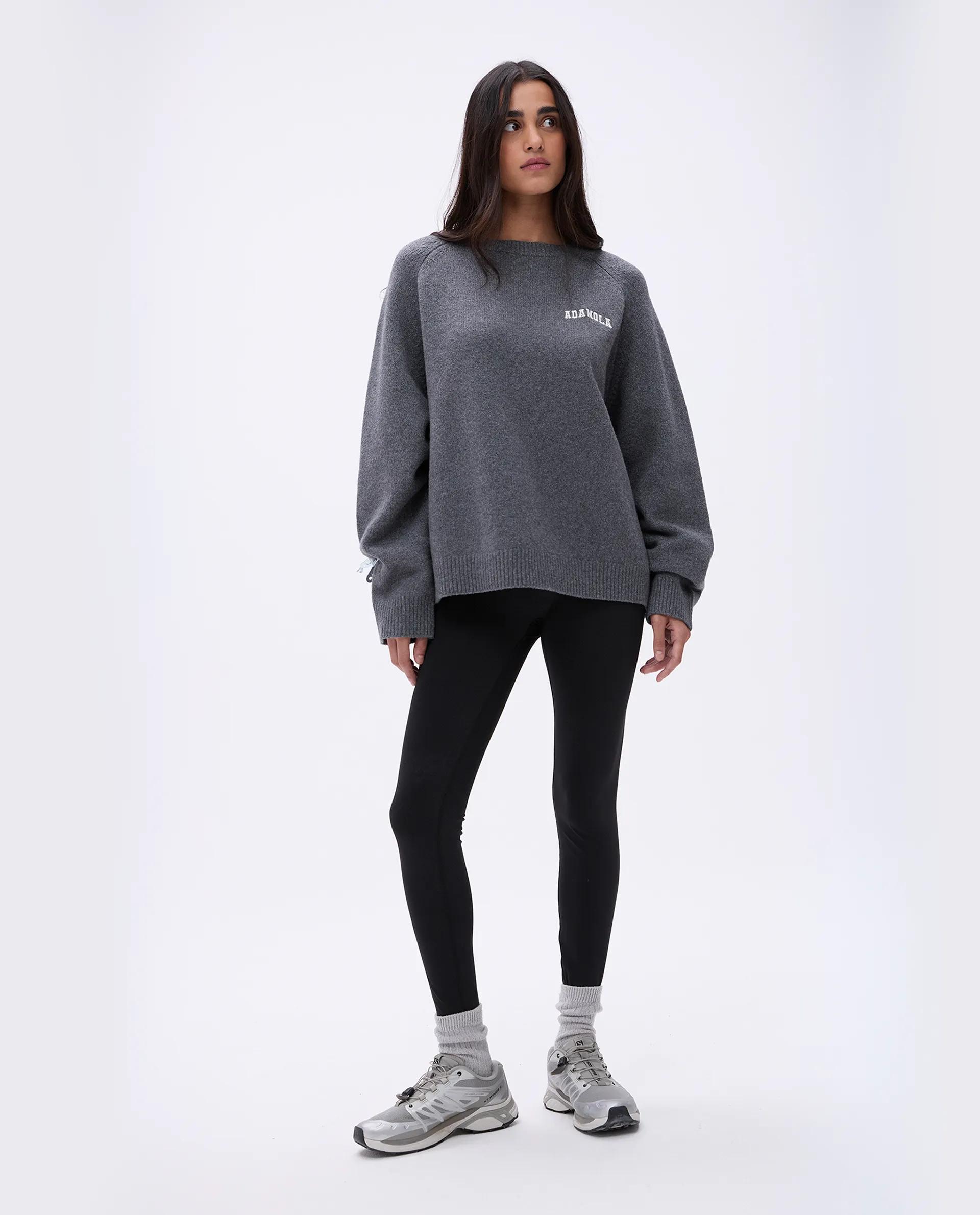 Varsity Oversized Knit Sweatshirt - Dark Grey/Cream