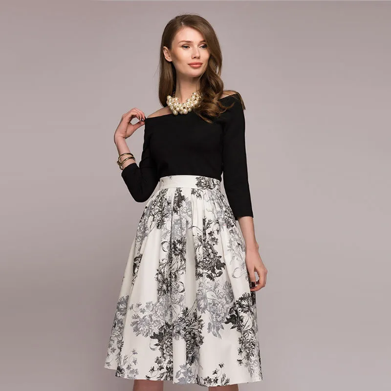 VenusFox A line Off Shoulder Floral Printed Dress