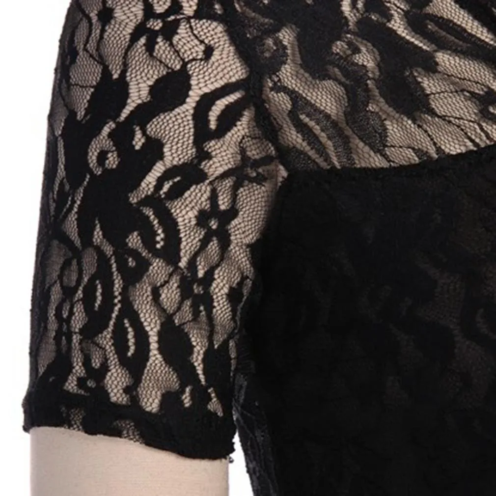 VenusFox Black Short Sleeve Tassel Mini Lace Dress