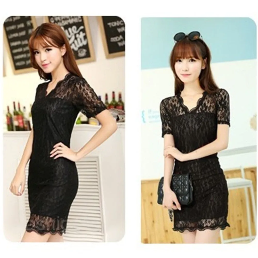 VenusFox Black Short Sleeve Tassel Mini Lace Dress