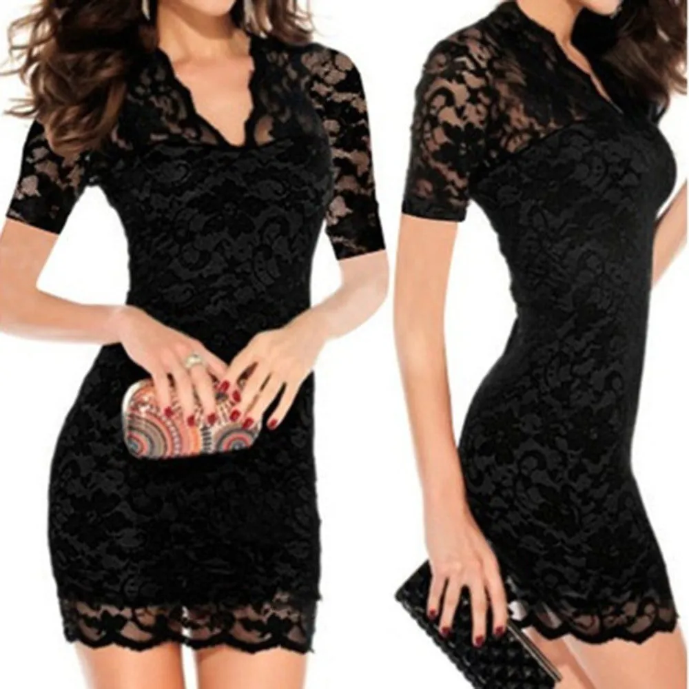 VenusFox Black Short Sleeve Tassel Mini Lace Dress