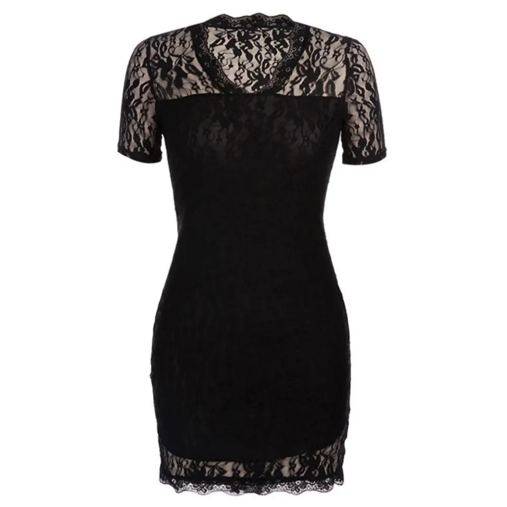 VenusFox Black Short Sleeve Tassel Mini Lace Dress