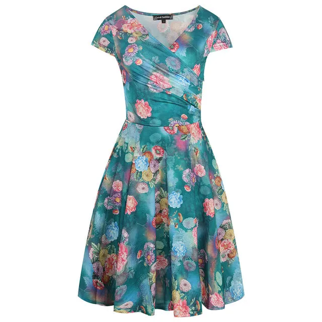 VenusFox Floral Print Short Sleeve Knee Length Dress