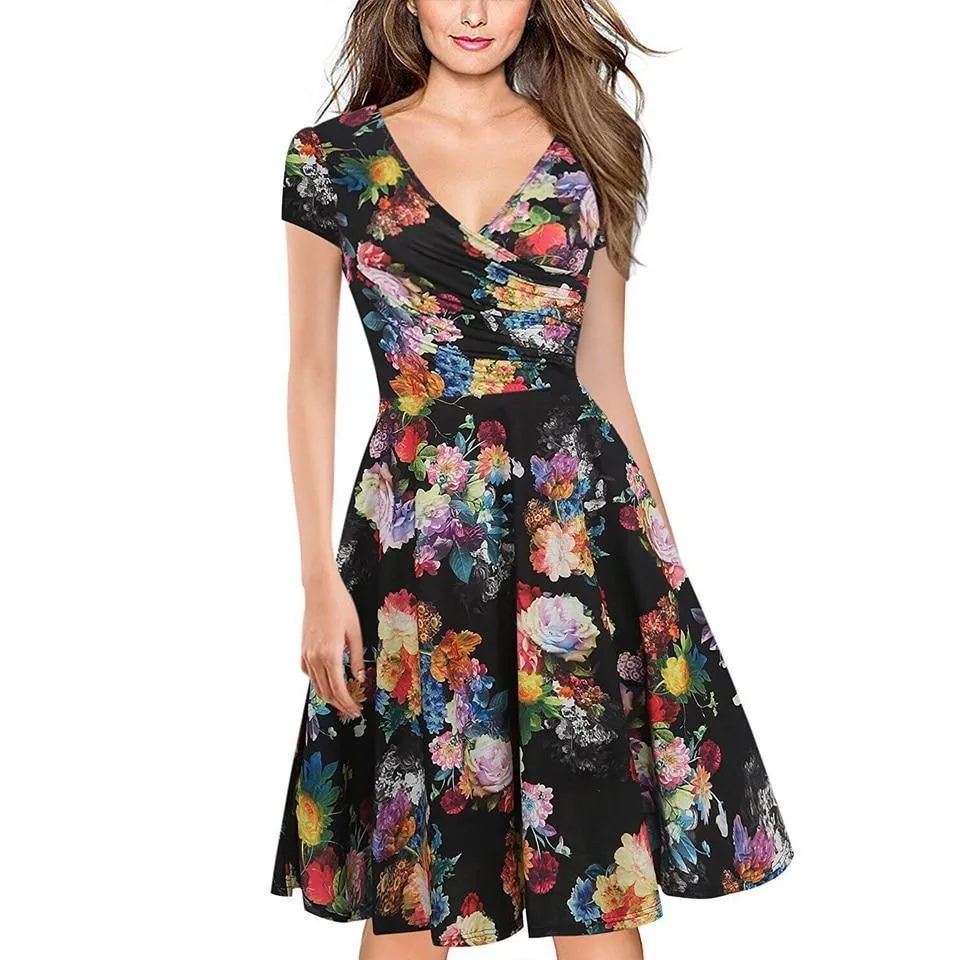 VenusFox Floral Print Short Sleeve Knee Length Dress