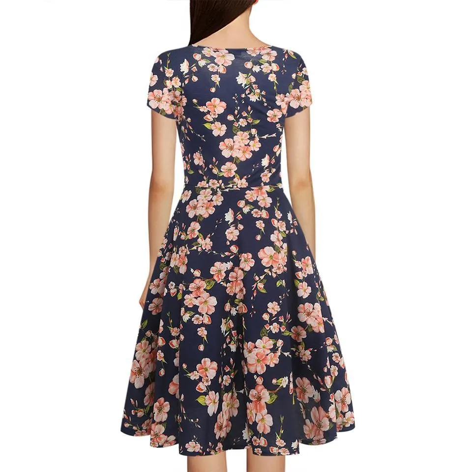 VenusFox Floral Print Short Sleeve Knee Length Dress