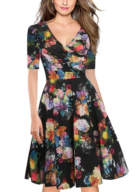 VenusFox Floral Print Short Sleeve Knee Length Dress