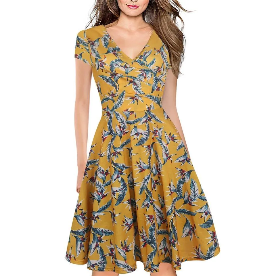 VenusFox Floral Print Short Sleeve Knee Length Dress