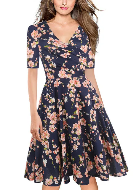 VenusFox Floral Print Short Sleeve Knee Length Dress