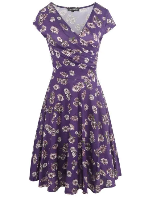 VenusFox Floral Print Short Sleeve Knee Length Dress