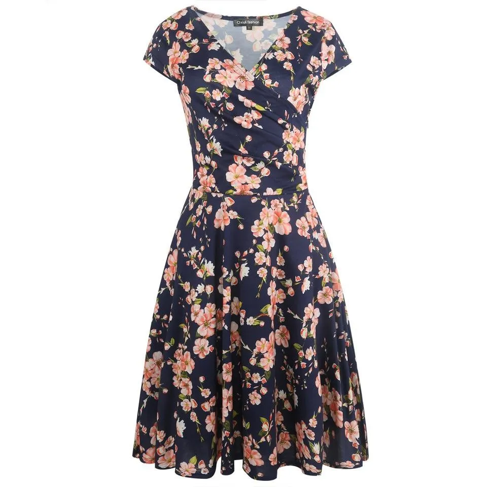 VenusFox Floral Print Short Sleeve Knee Length Dress