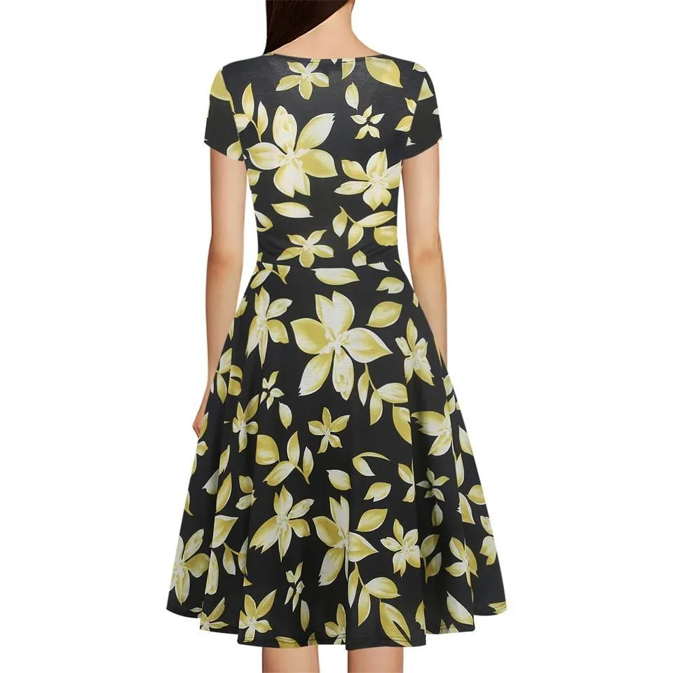 VenusFox Floral Print Short Sleeve Knee Length Dress