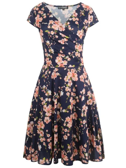 VenusFox Floral Print Short Sleeve Knee Length Dress