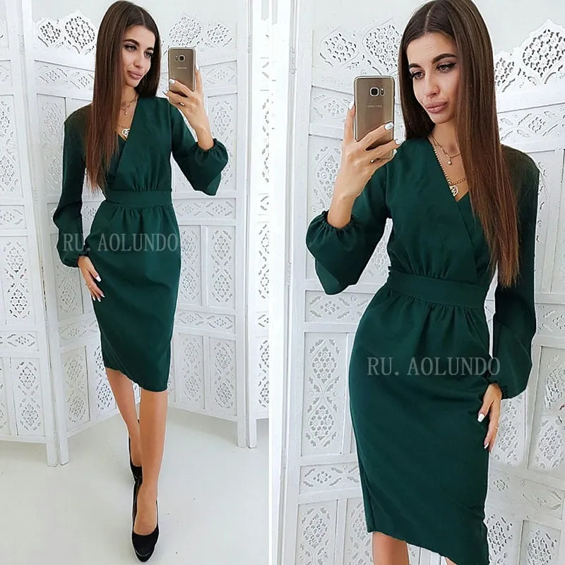 VenusFox Spring V-Neck Lantern Sleeve Pencil Bodycon Dress