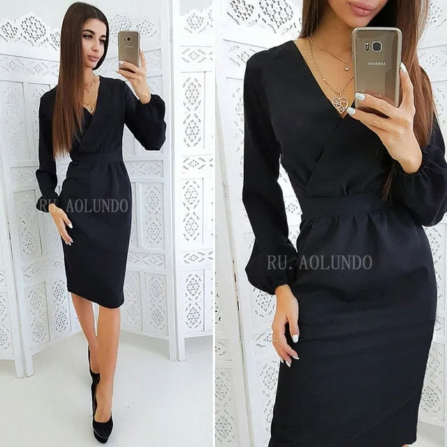 VenusFox Spring V-Neck Lantern Sleeve Pencil Bodycon Dress