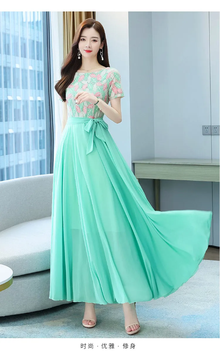 VenusFox Summer New Arrival Elegant Hot Sale Round Collar Lace Chiffon Long Women Dresses  M-4XL