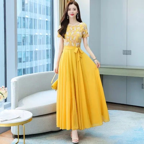 VenusFox Summer New Arrival Elegant Hot Sale Round Collar Lace Chiffon Long Women Dresses  M-4XL