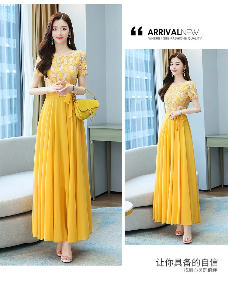 VenusFox Summer New Arrival Elegant Hot Sale Round Collar Lace Chiffon Long Women Dresses  M-4XL