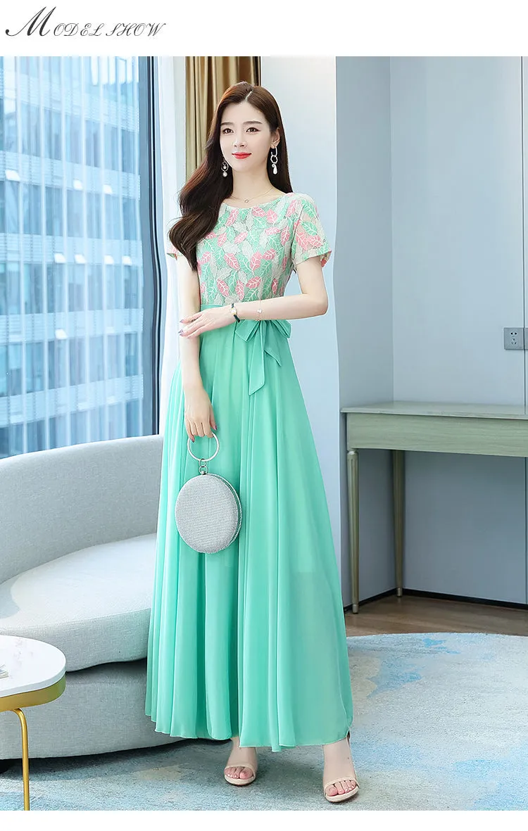 VenusFox Summer New Arrival Elegant Hot Sale Round Collar Lace Chiffon Long Women Dresses  M-4XL