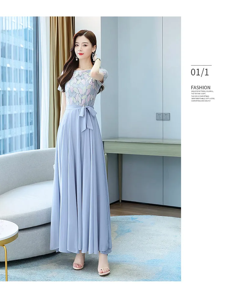 VenusFox Summer New Arrival Elegant Hot Sale Round Collar Lace Chiffon Long Women Dresses  M-4XL