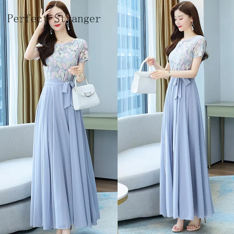 VenusFox Summer New Arrival Elegant Hot Sale Round Collar Lace Chiffon Long Women Dresses  M-4XL