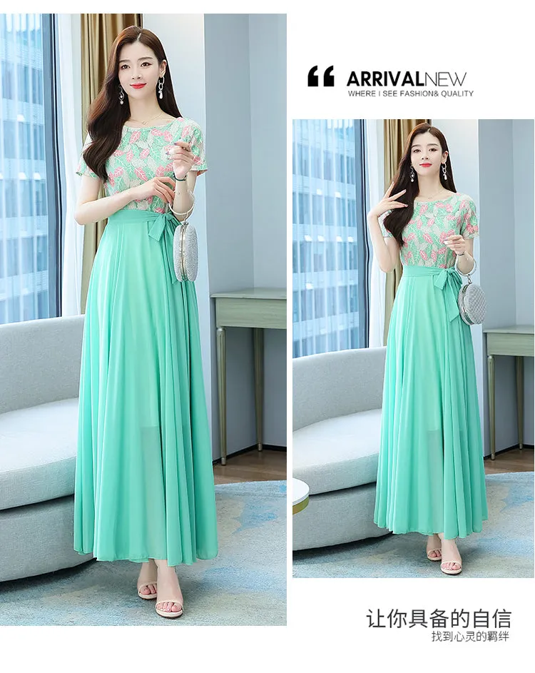 VenusFox Summer New Arrival Elegant Hot Sale Round Collar Lace Chiffon Long Women Dresses  M-4XL