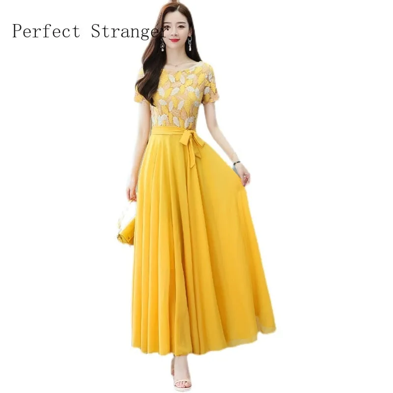 VenusFox Summer New Arrival Elegant Hot Sale Round Collar Lace Chiffon Long Women Dresses  M-4XL