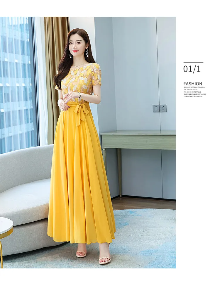 VenusFox Summer New Arrival Elegant Hot Sale Round Collar Lace Chiffon Long Women Dresses  M-4XL