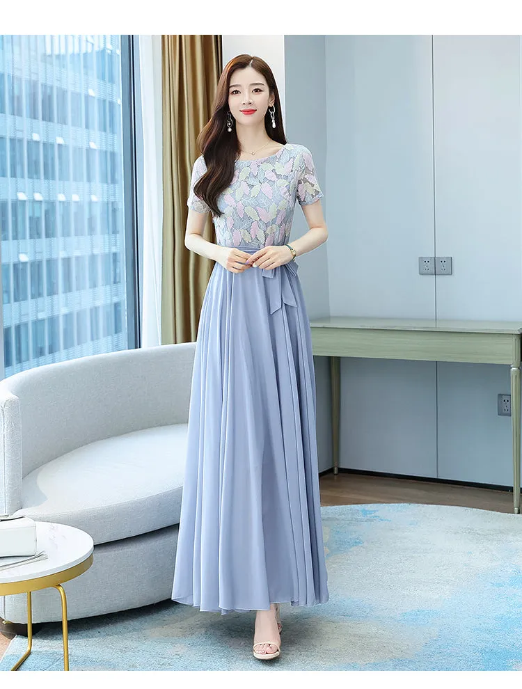 VenusFox Summer New Arrival Elegant Hot Sale Round Collar Lace Chiffon Long Women Dresses  M-4XL