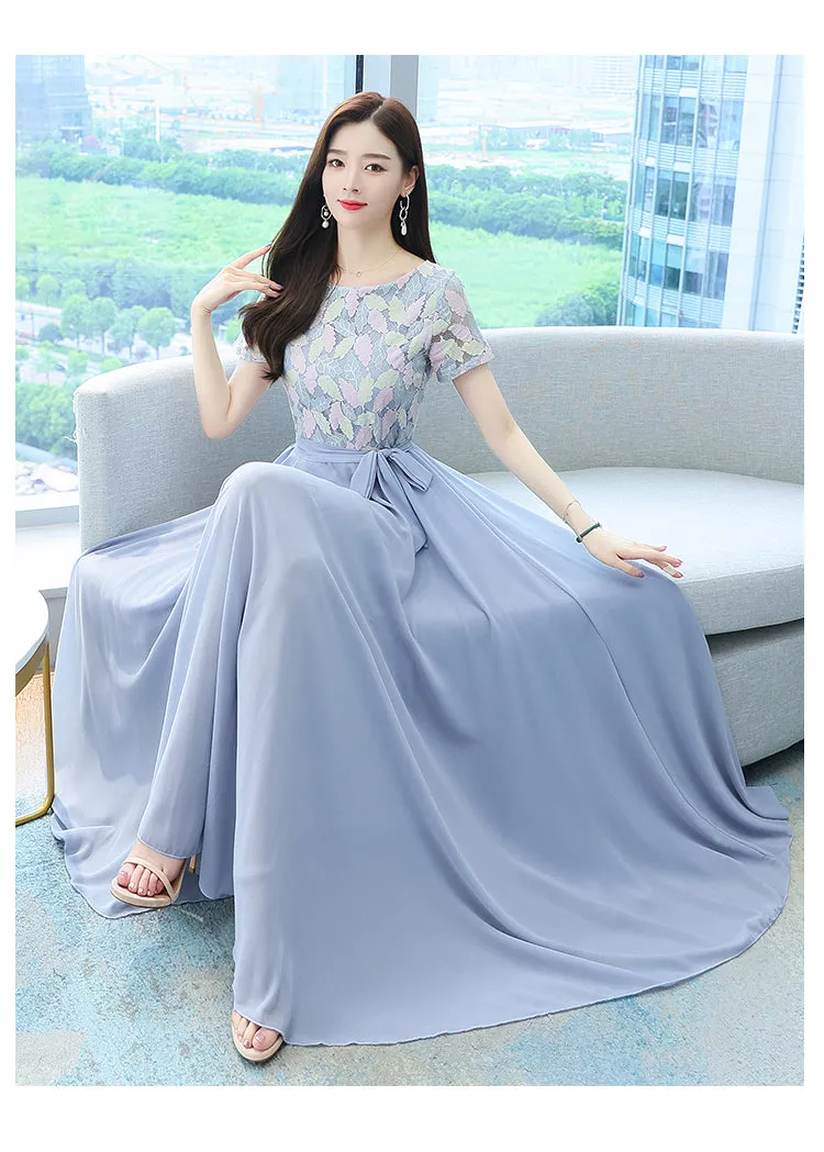 VenusFox Summer New Arrival Elegant Hot Sale Round Collar Lace Chiffon Long Women Dresses  M-4XL