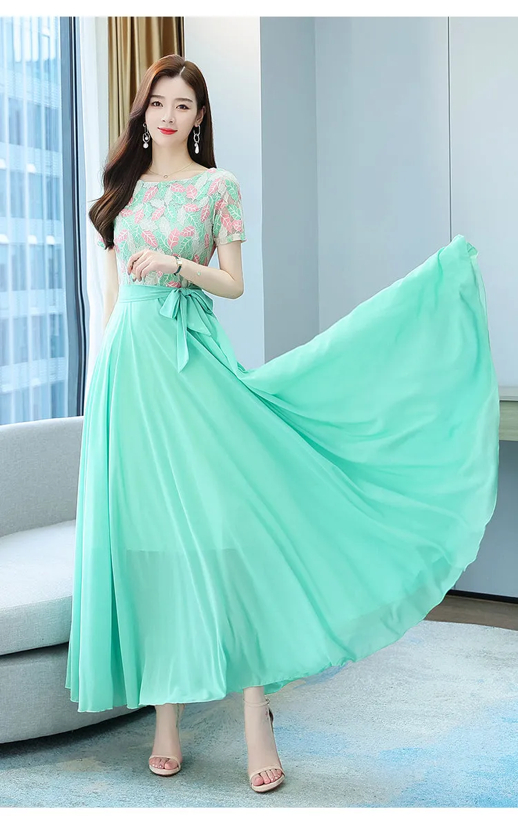 VenusFox Summer New Arrival Elegant Hot Sale Round Collar Lace Chiffon Long Women Dresses  M-4XL