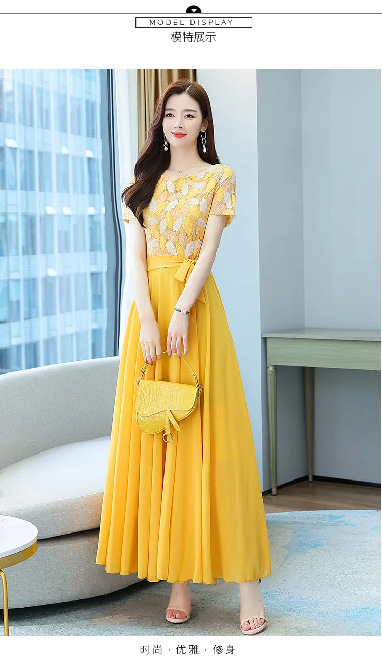 VenusFox Summer New Arrival Elegant Hot Sale Round Collar Lace Chiffon Long Women Dresses  M-4XL