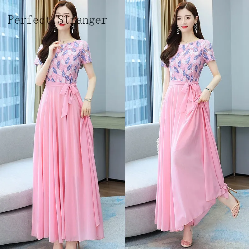 VenusFox Summer New Arrival Elegant Hot Sale Round Collar Lace Chiffon Long Women Dresses  M-4XL